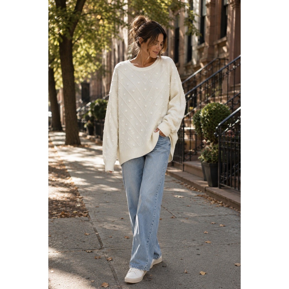 New York Company Textured XXL Bobble Knit  Oversized Sweater Cream UU20
